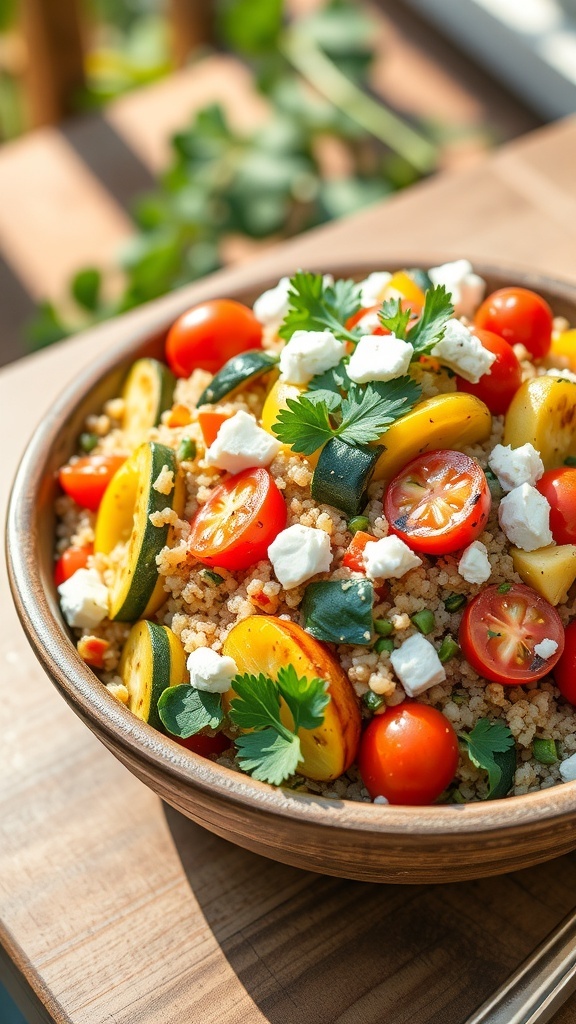 A colorful quinoa salad with grilled vegetables, parsley, and feta cheese in a rustic bowl on a wooden table.
